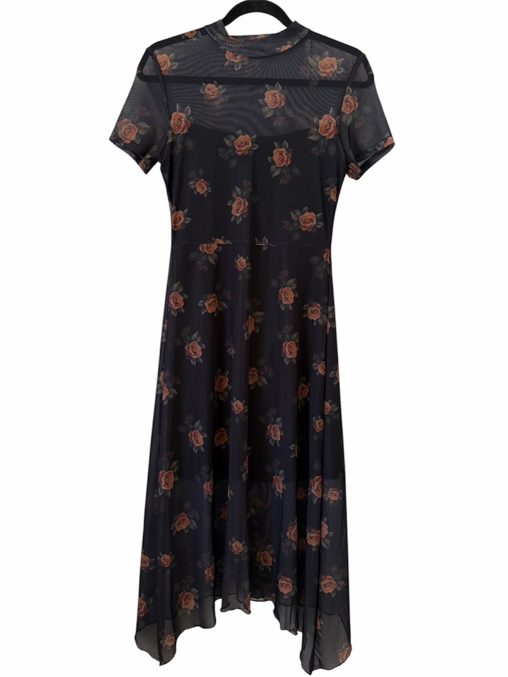 Sheer Black Mesh Midi Dress Med Floral Print Butterfly Roses Dark Goth Grunge